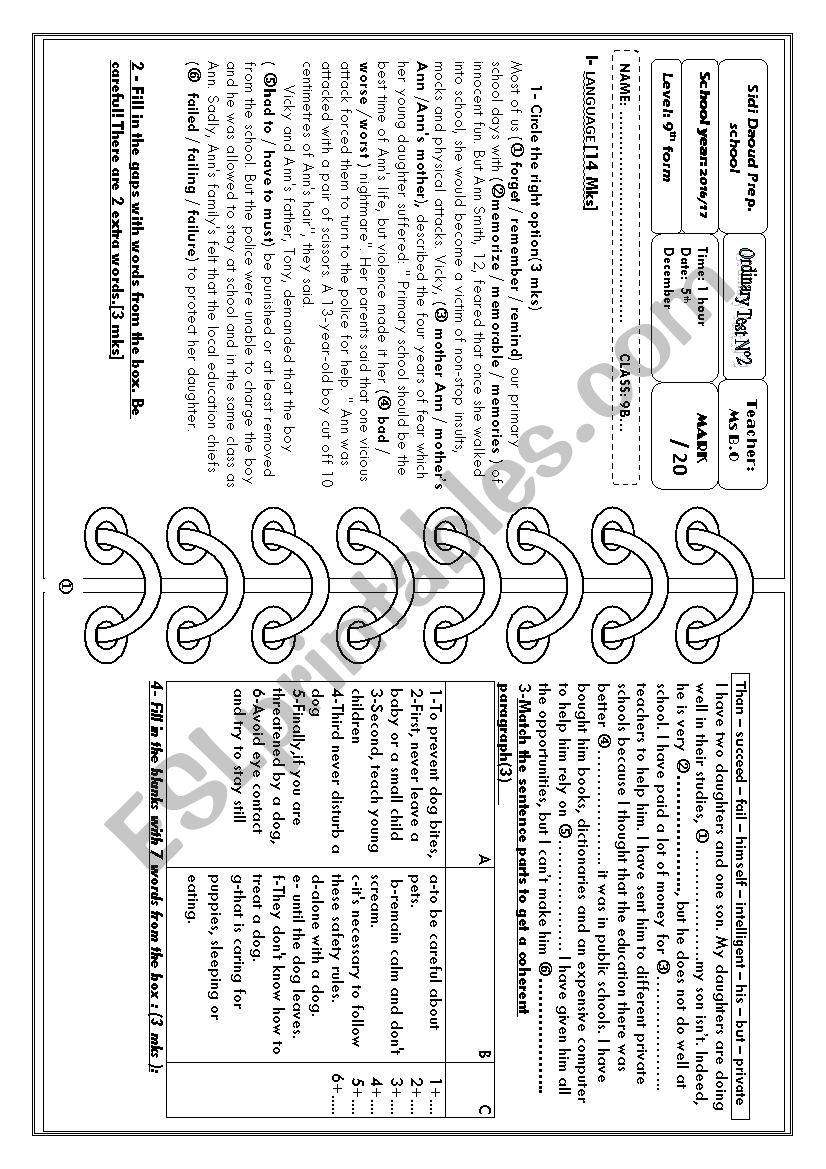 Mid-Semester Test N°2 (9th graders)