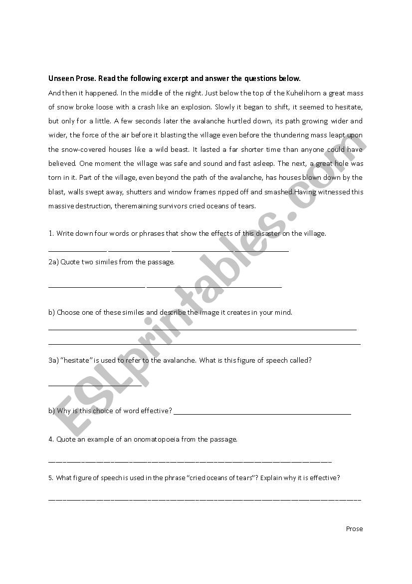 unseen prose worksheet worksheet