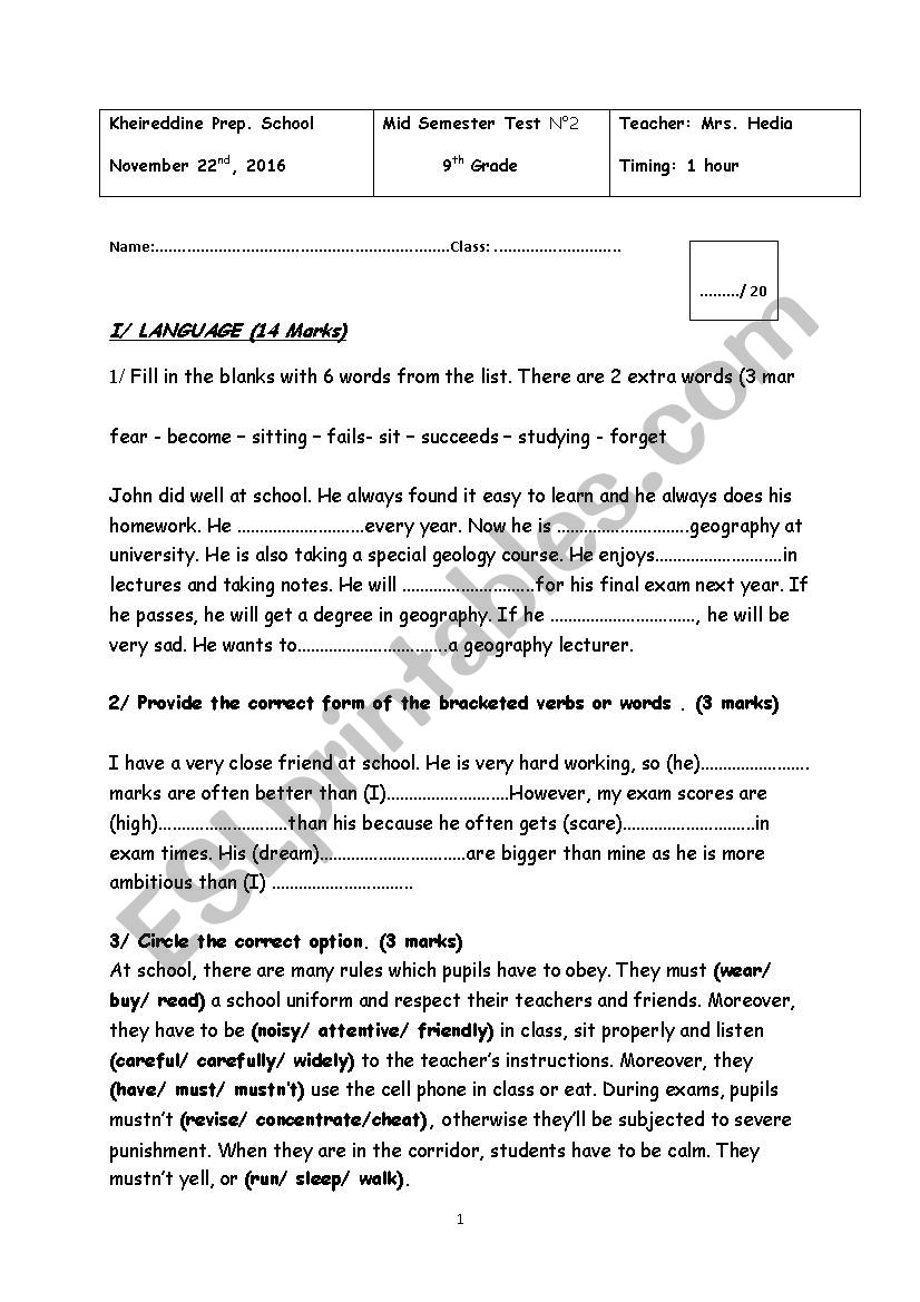 mid semester test2 grade 9 worksheet