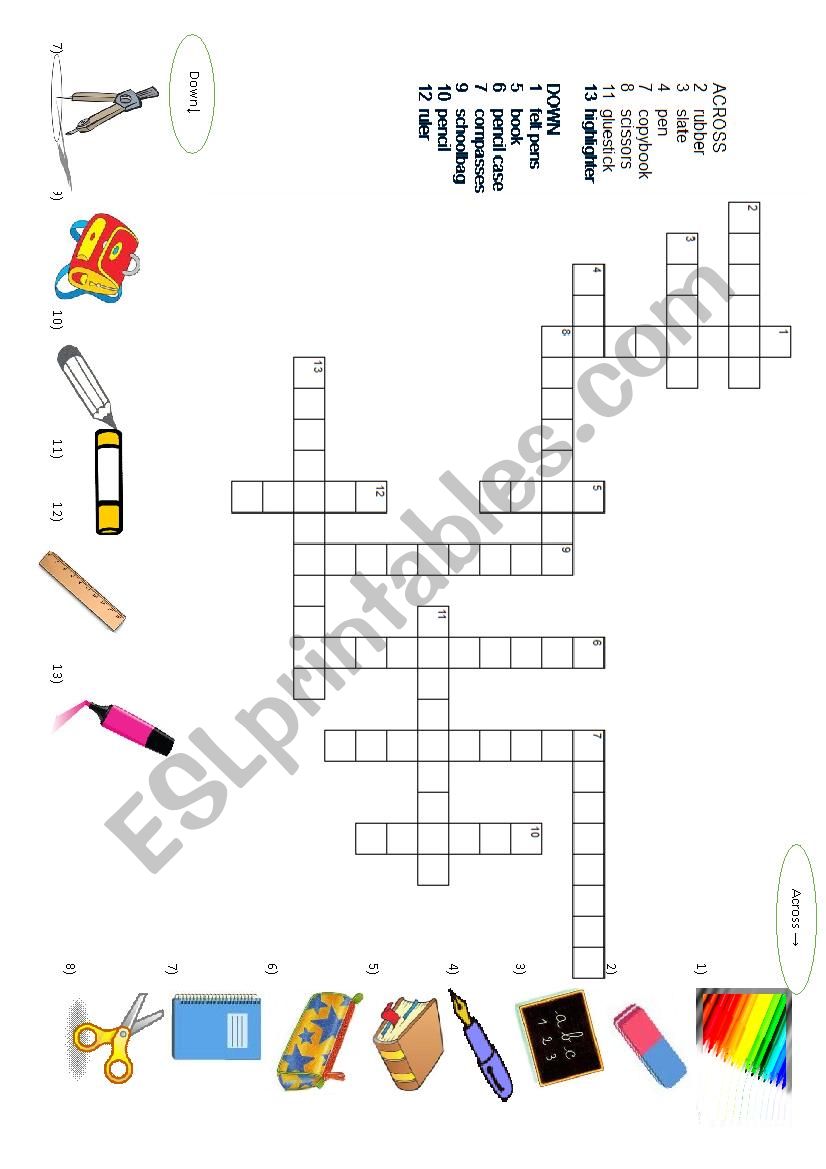 School supplies criss cross worksheet