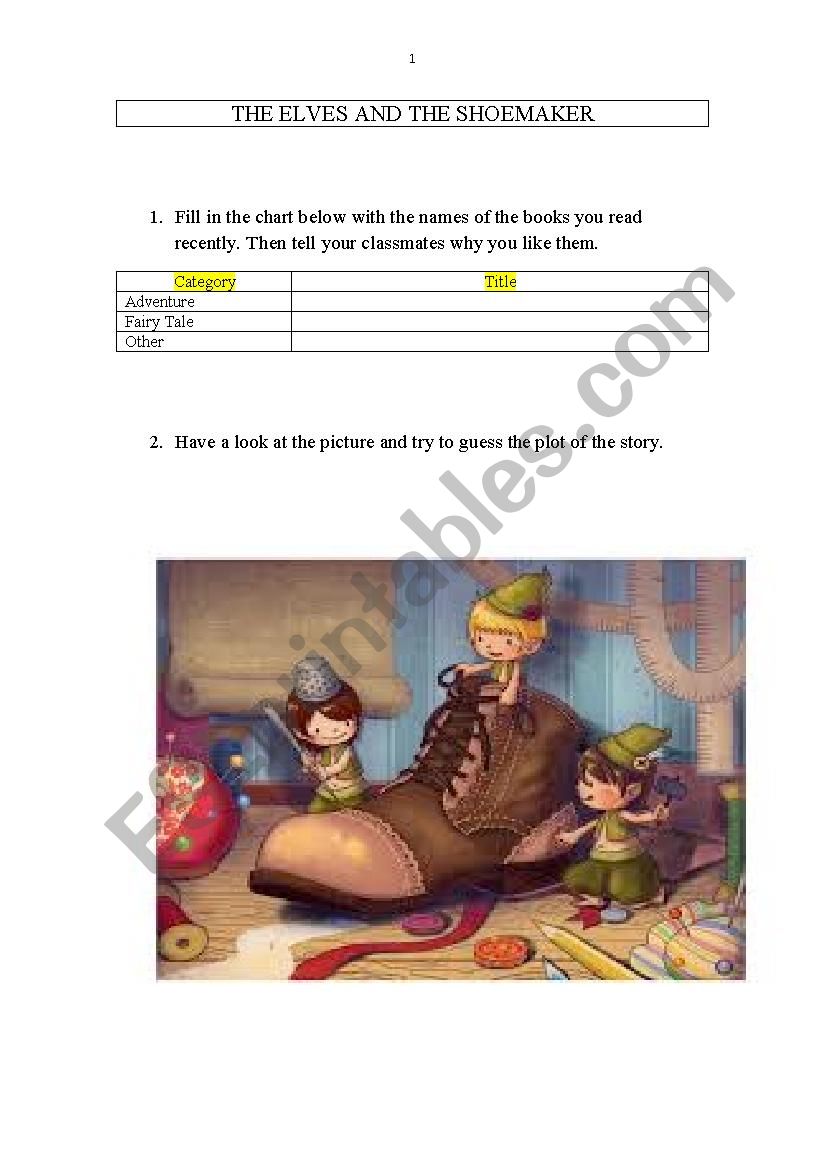 the elves and the shoemaker worksheet