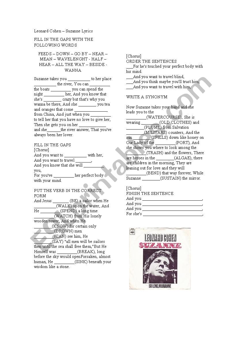 Leonard cohen - Suzanne worksheet