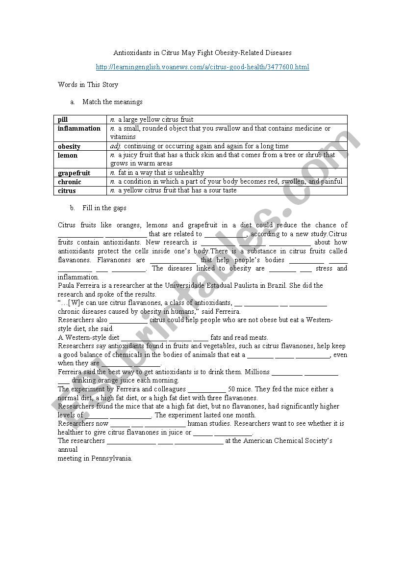 Listening about antioxidants worksheet