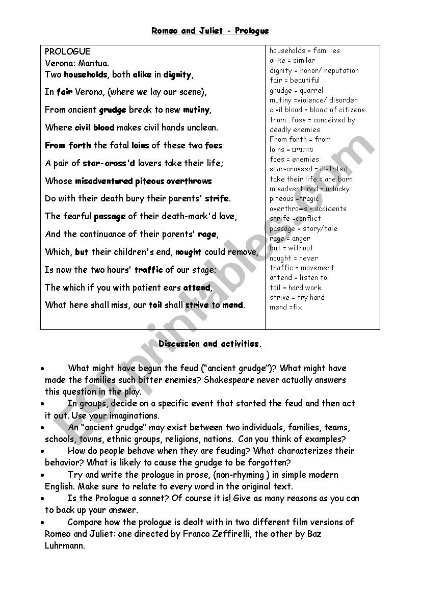 Romeo and Juliet Prologue Worksheet