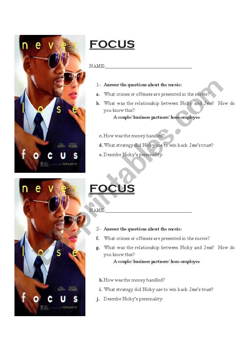 Focus (movie) worksheet  worksheet