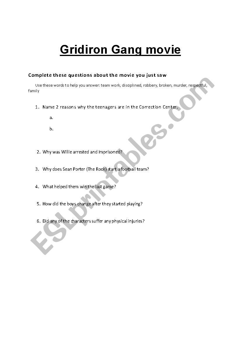 Gridiron Gang movie worksheet 