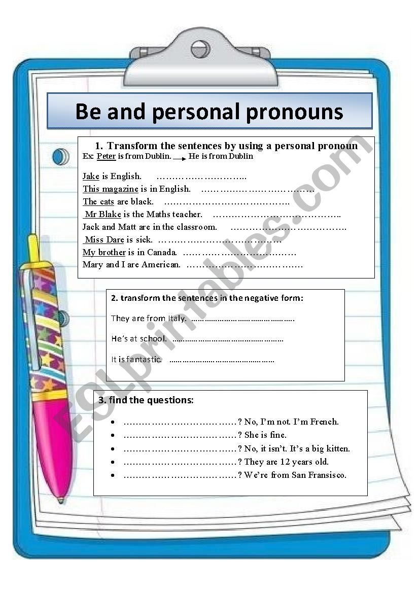 be and personal pronouns worksheet