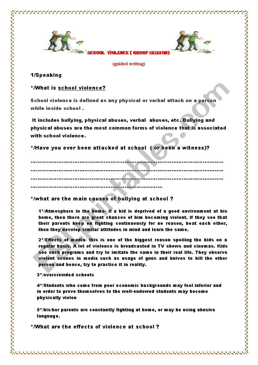 violence at school worksheet