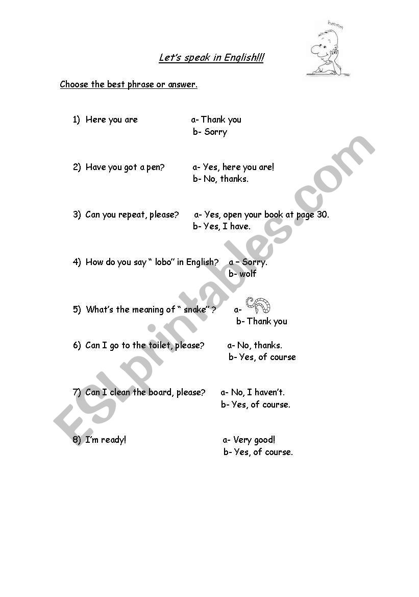 classroom language worksheet