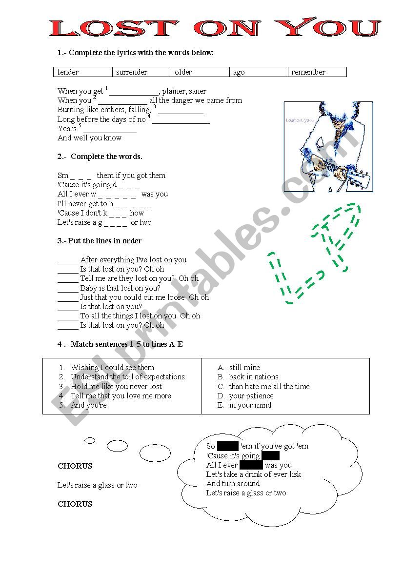 Lost on you  song by LP worksheet