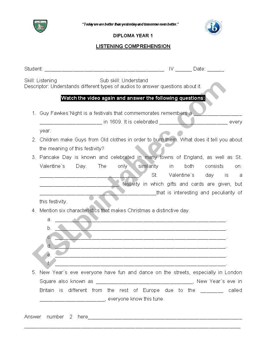 customes and traditions  worksheet