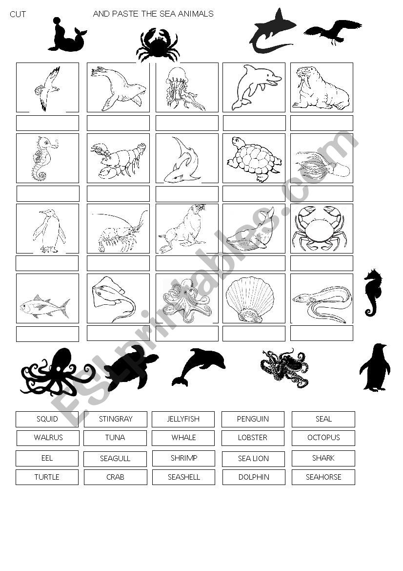 SEA ANIMALS - CUT AND PASTE worksheet