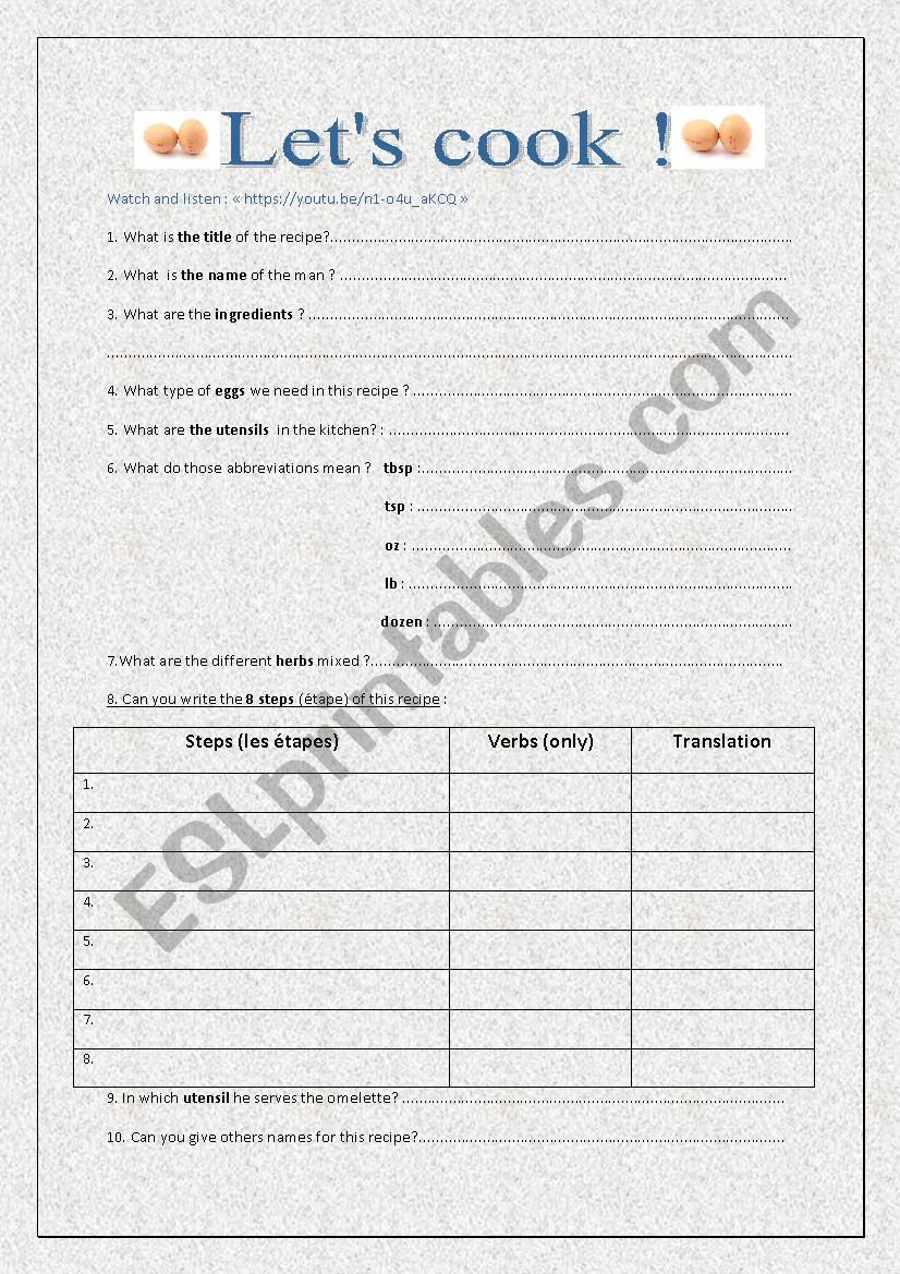 French style omelette worksheet