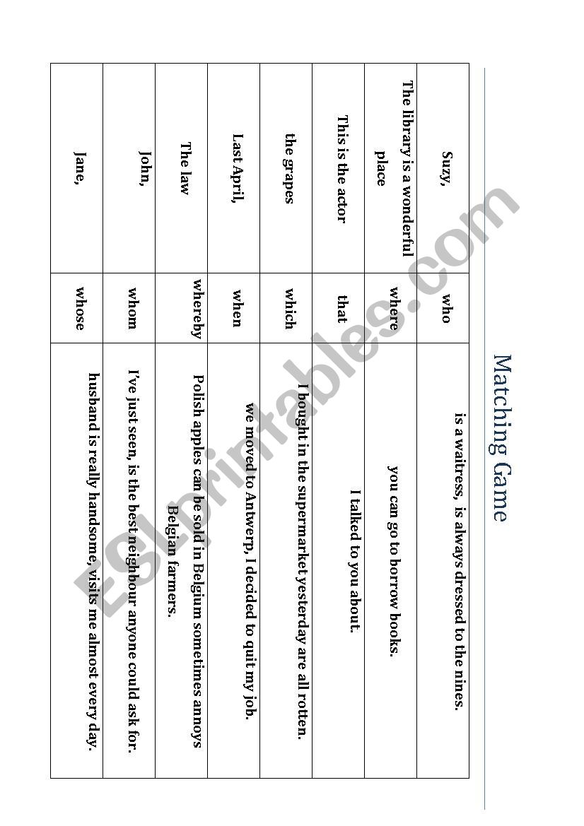 Relative Clauses Matching Game