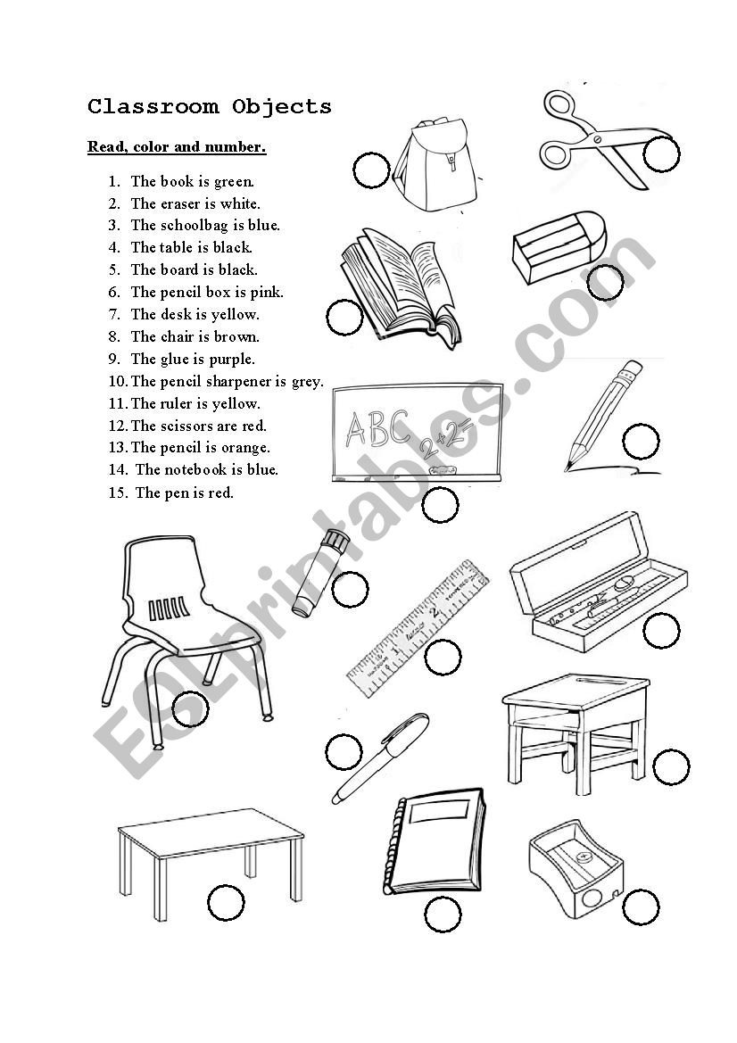 Classroom objects and colors worksheet