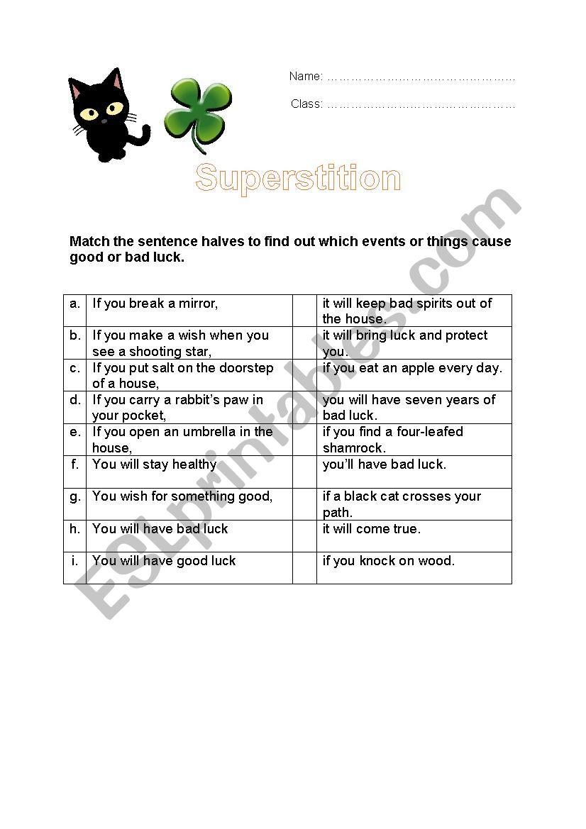 Superstitions ESL Worksheet By Sch716