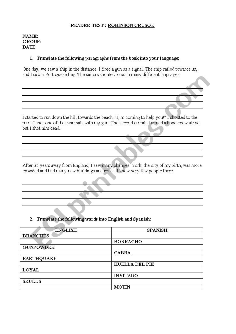 READER TEST ROBINSON CRUSOE worksheet