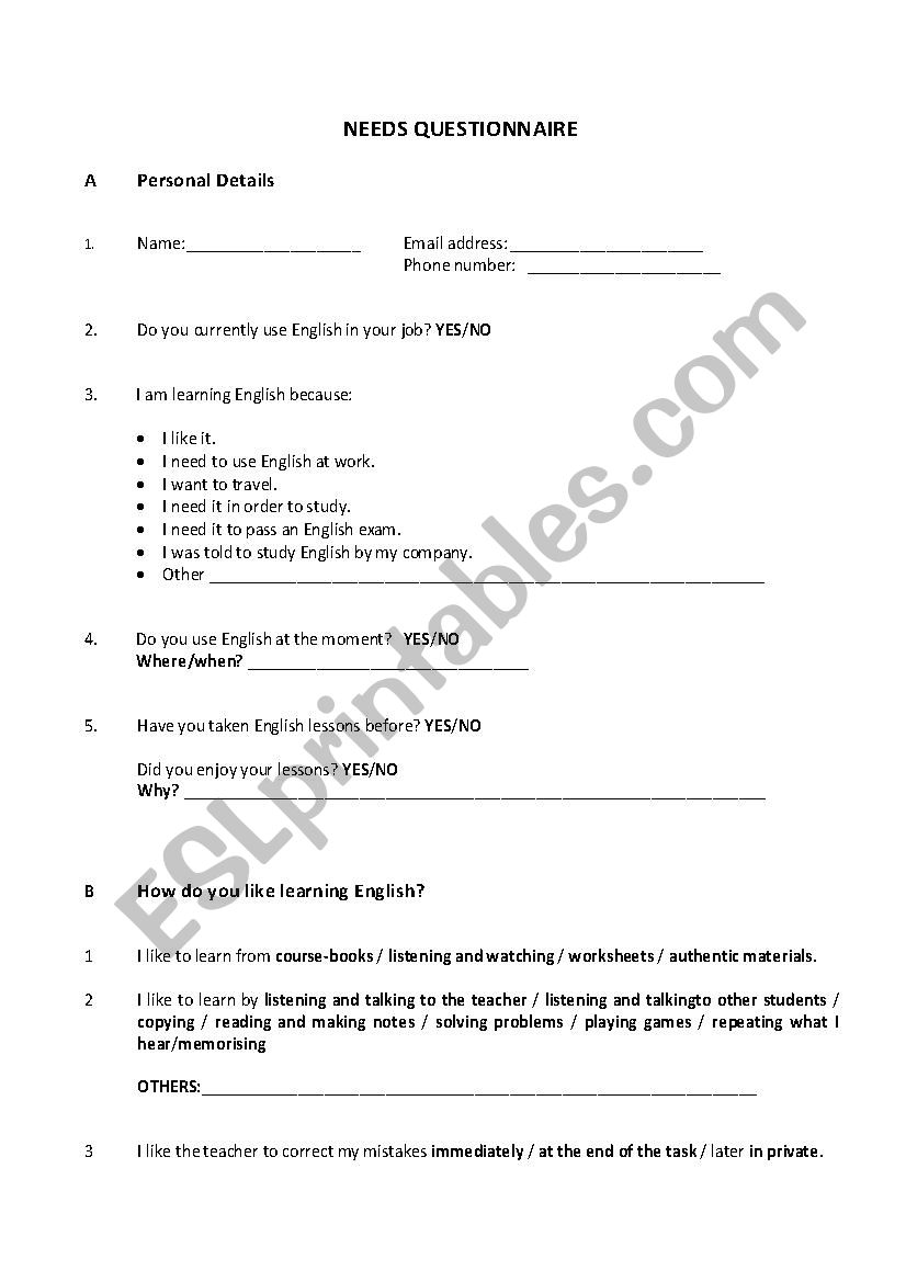 Needs questionnaire worksheet