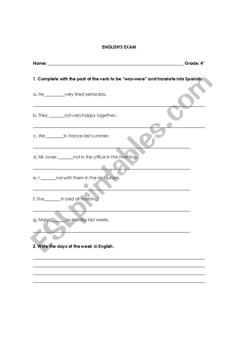 Past to be worksheet