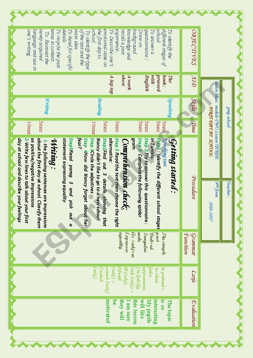 a lesson plan for tunisian program 9th form First Day At School