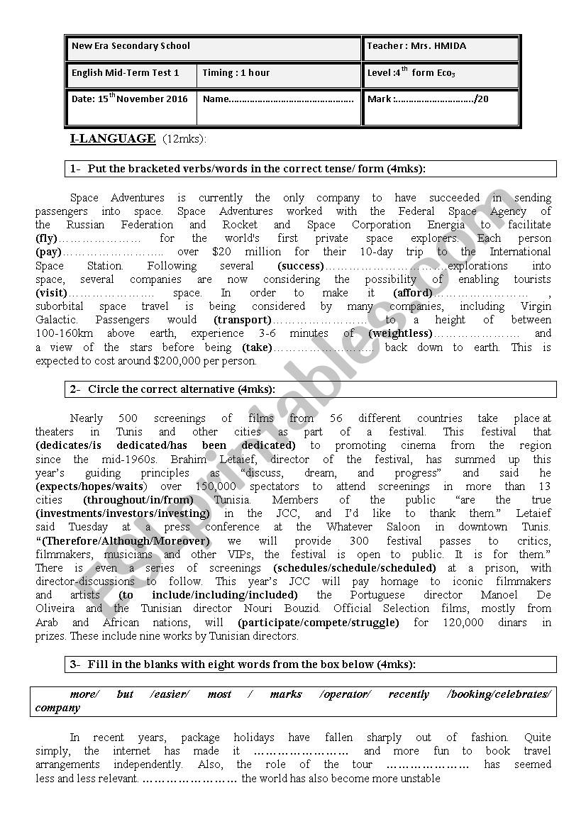 Test 4th Form worksheet