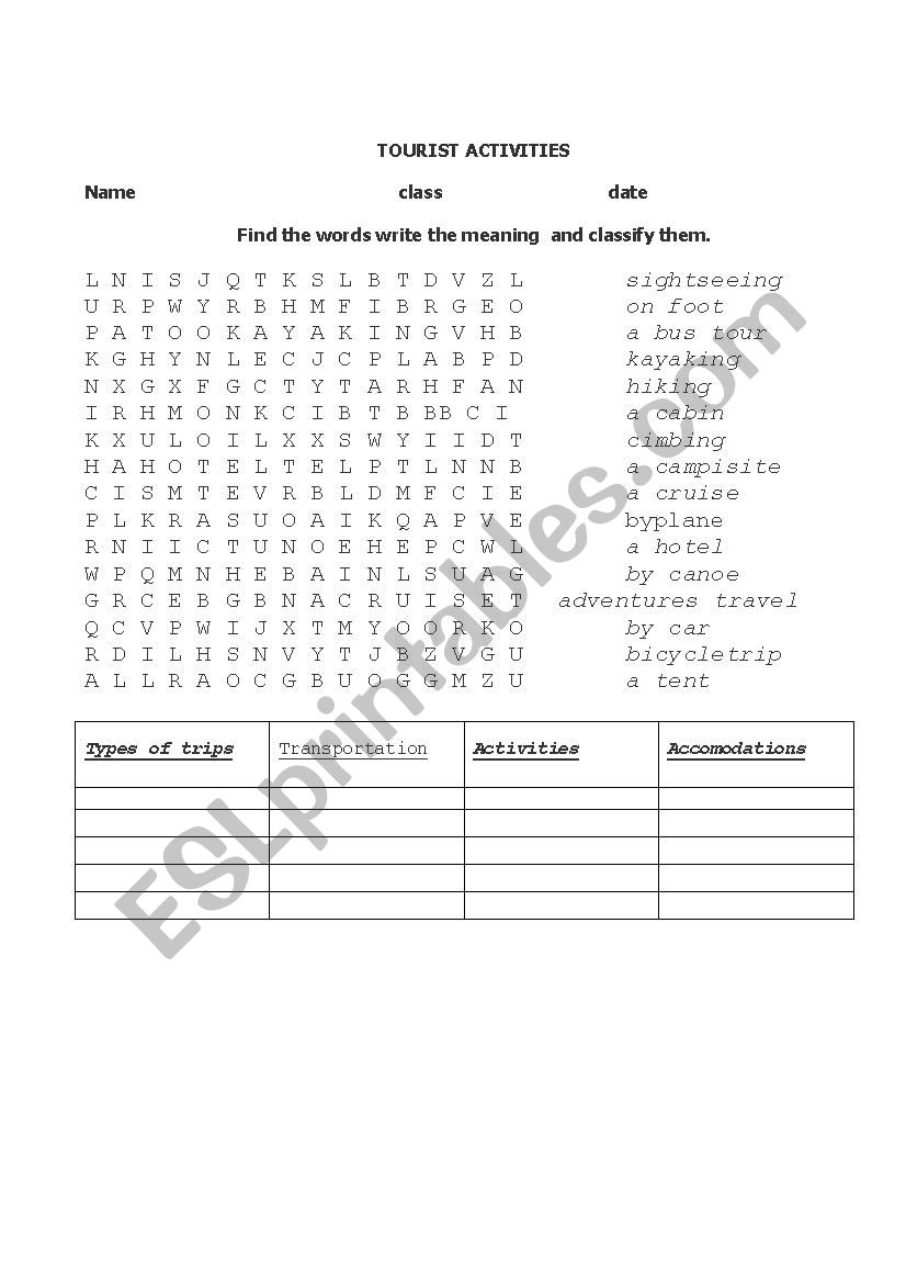 TOURIST ACTIVITIES worksheet