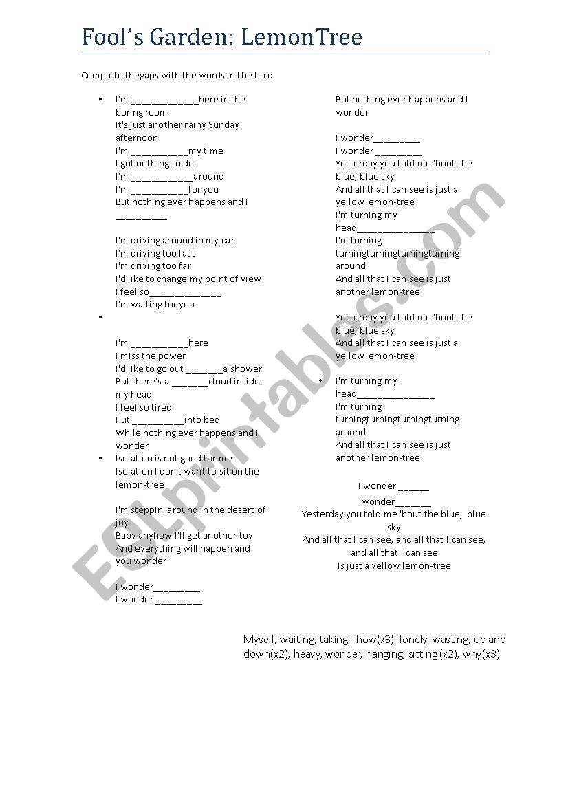 Fools Garden: lemon Tree worksheet