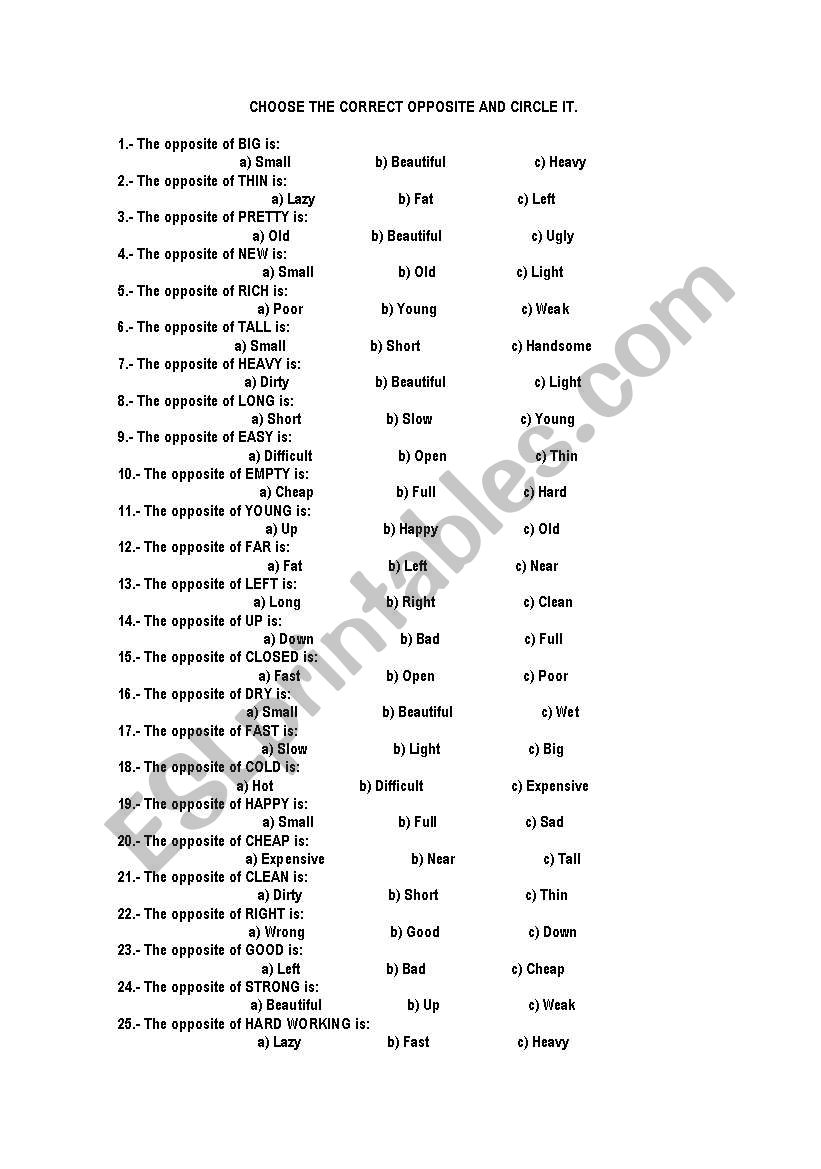 CIRCLE THE CORRECT OPPOSITE worksheet