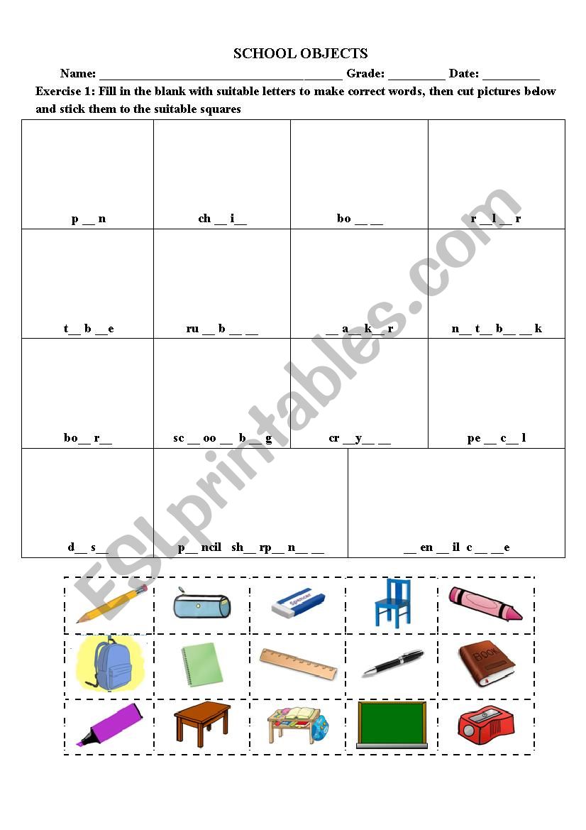 School objects worksheet