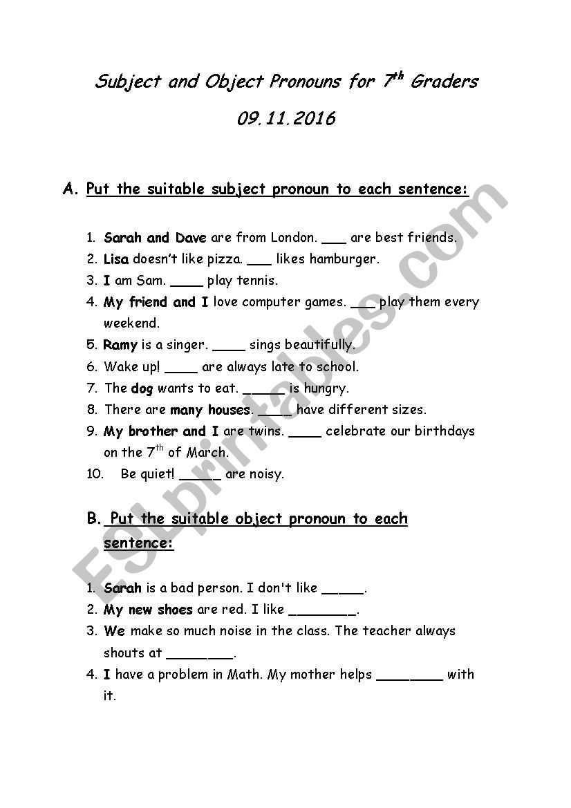 Subject and Object Pronouns worksheet