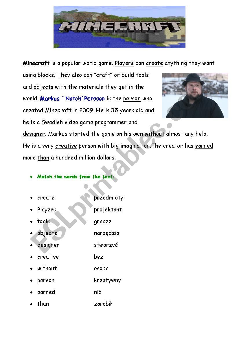 minecraft worksheet