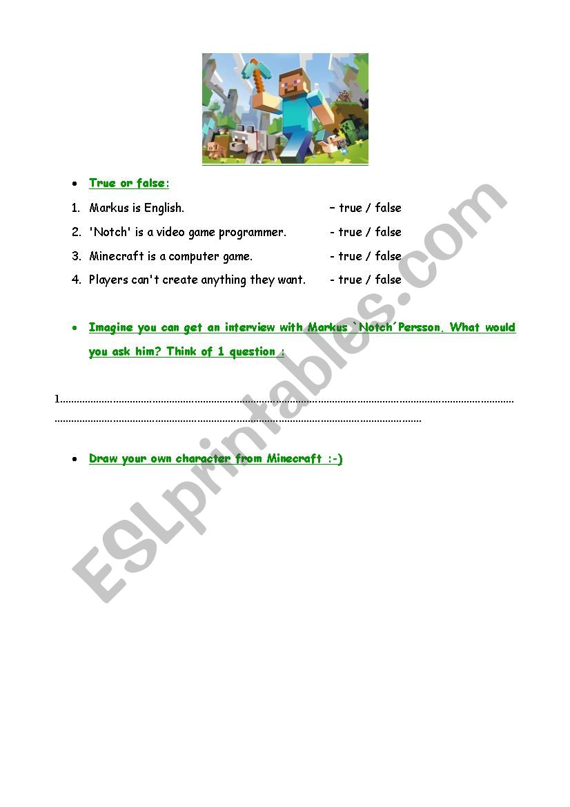 minecraft esl worksheet by jsymonowicz