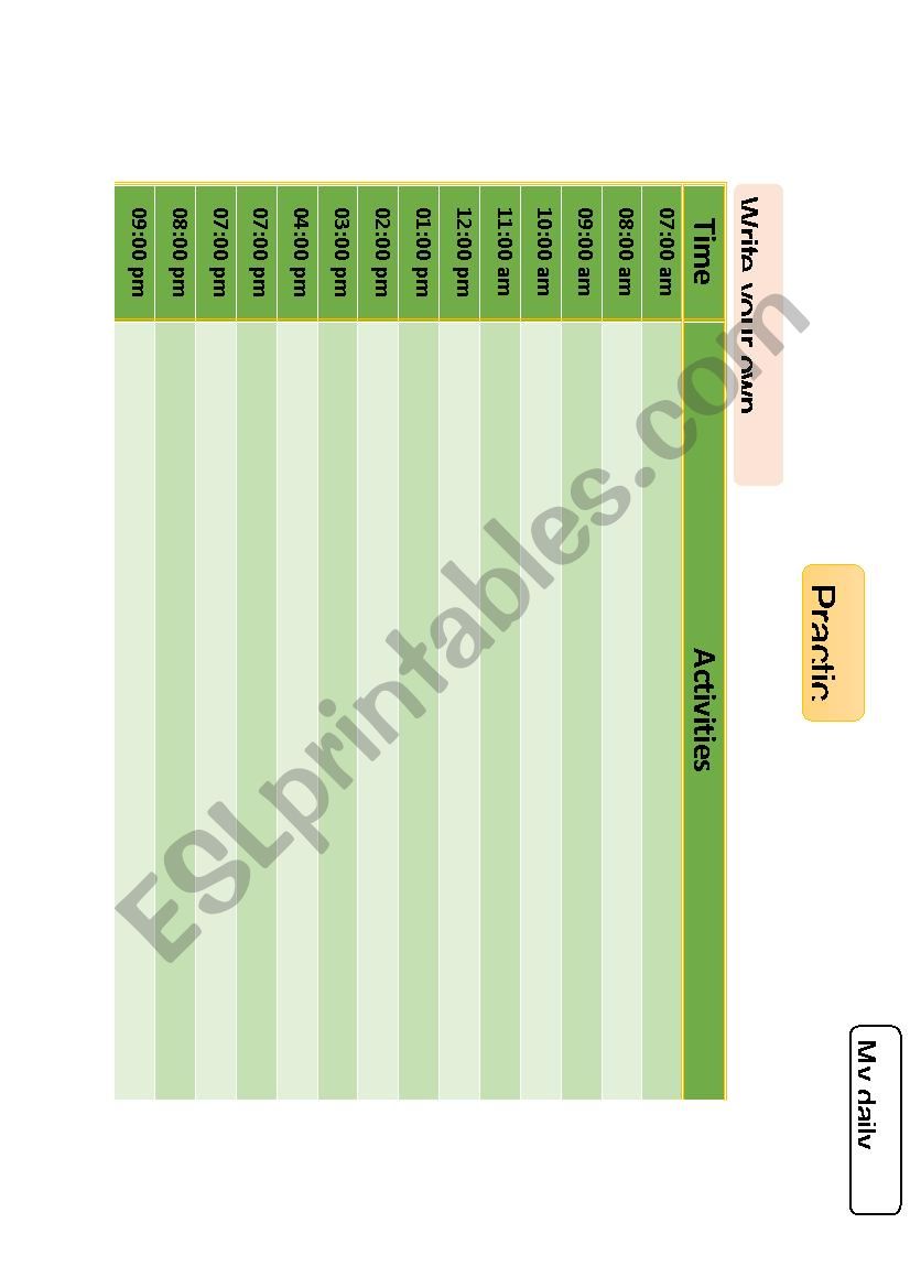 Time table daily routine worksheet