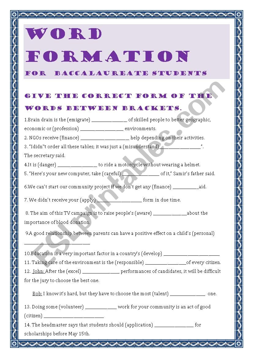 Word formation worksheet