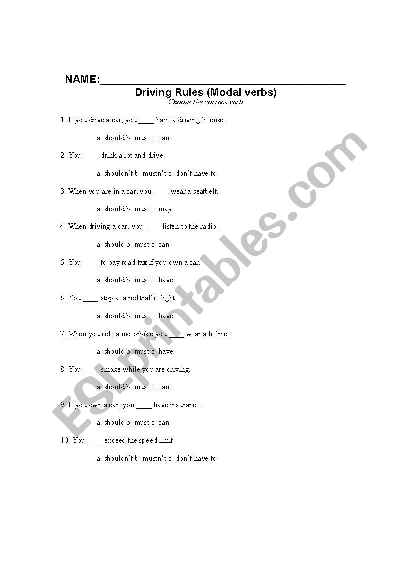 Modal verbs worksheet