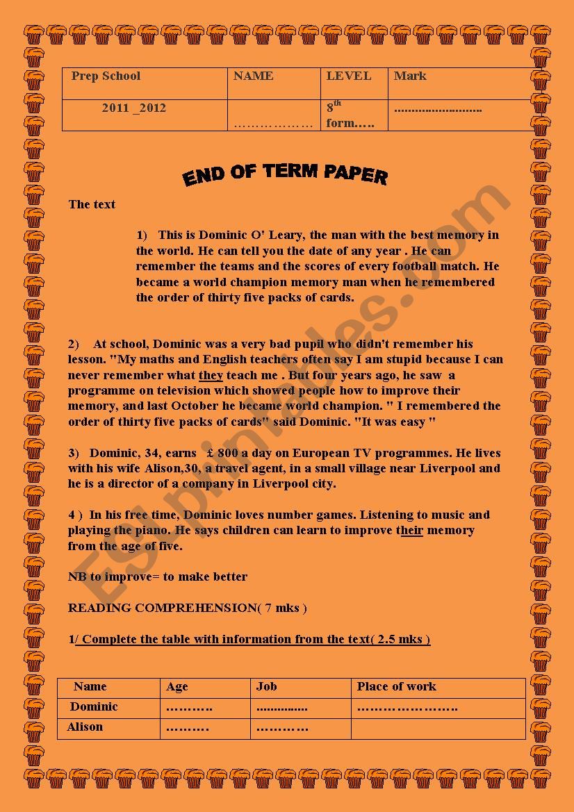 end of term test worksheet