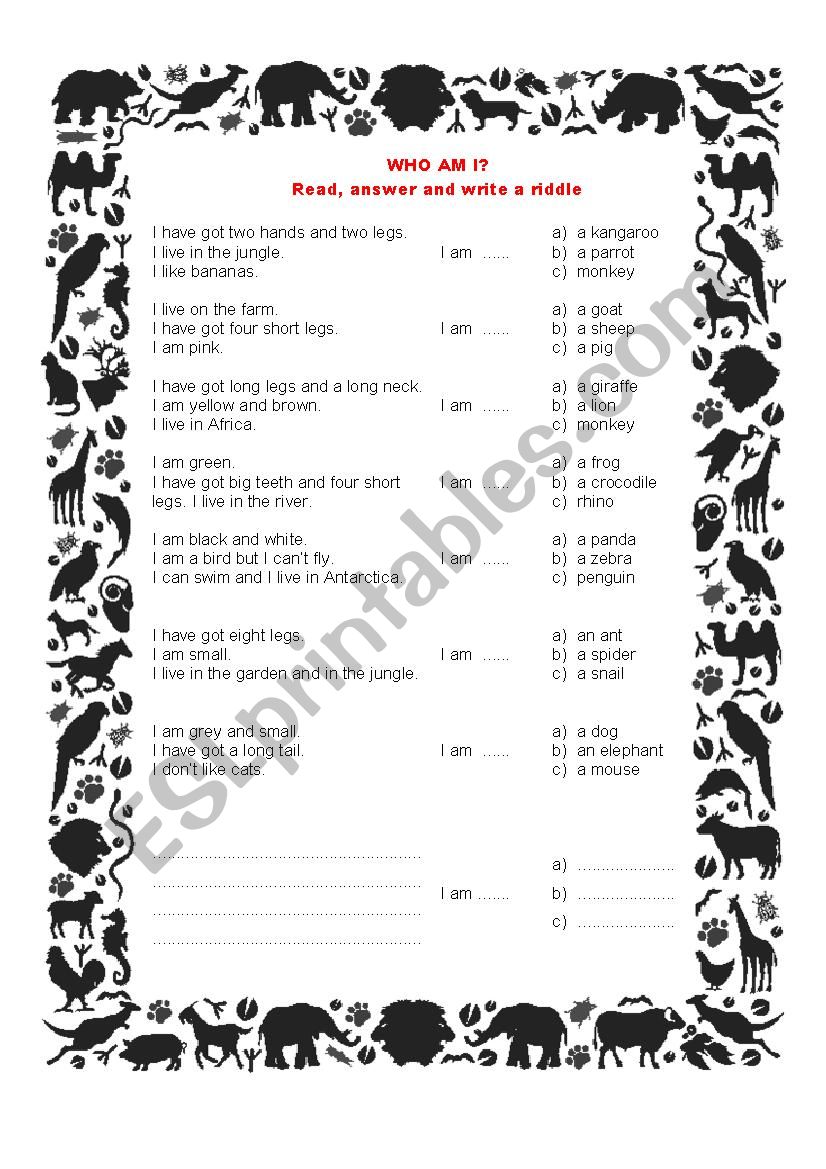 Animal riddles worksheet