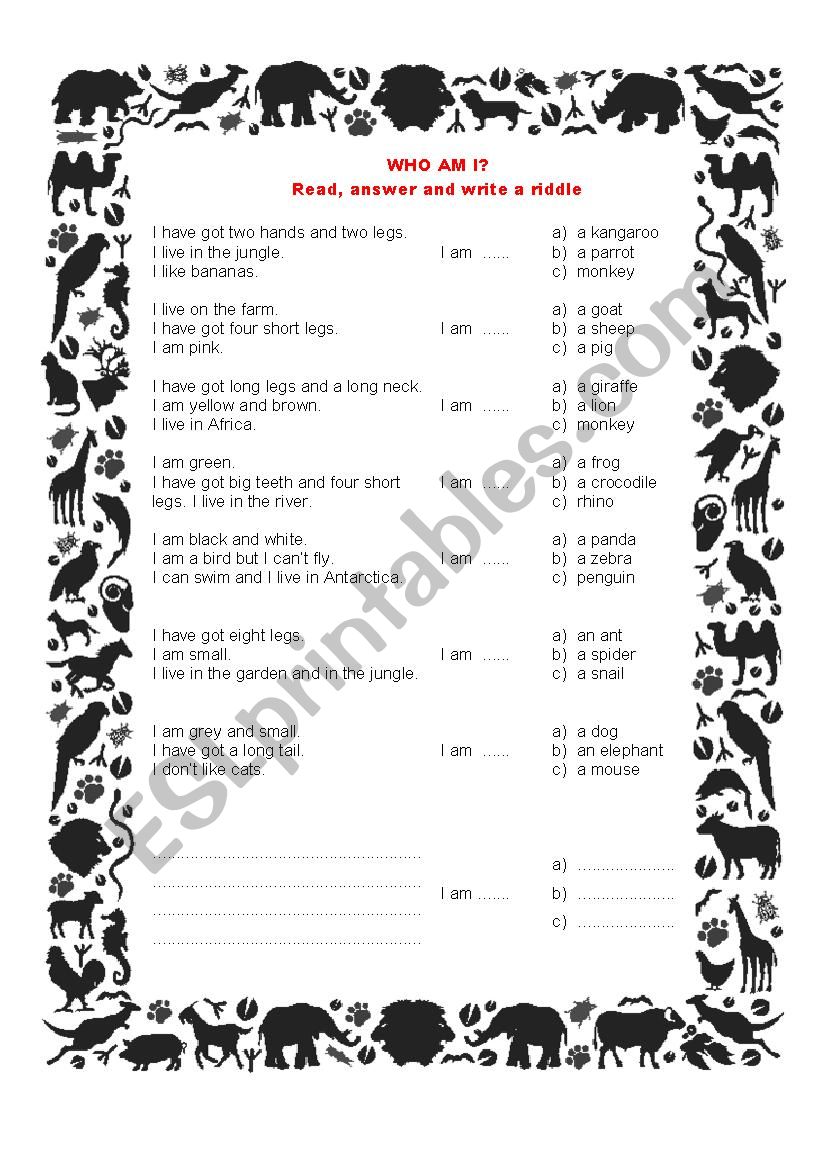 Animal riddles worksheet