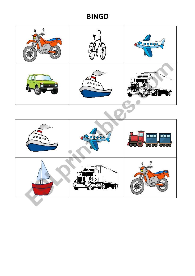 BINGO - means of transport worksheet