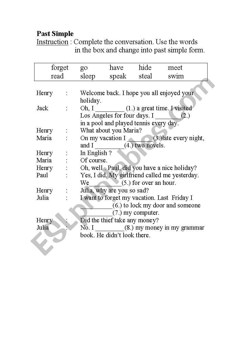 Past simple tense worksheet