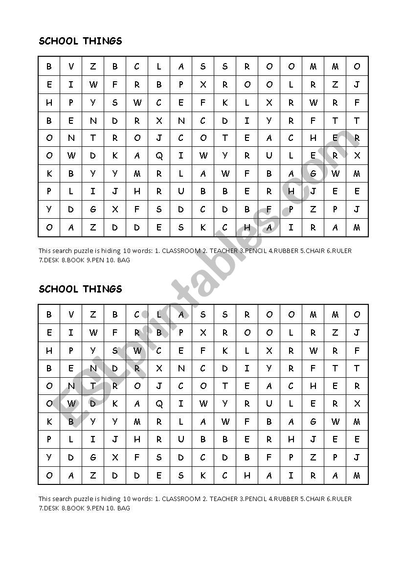 SCHOOL THINGS WORDSEARCH worksheet