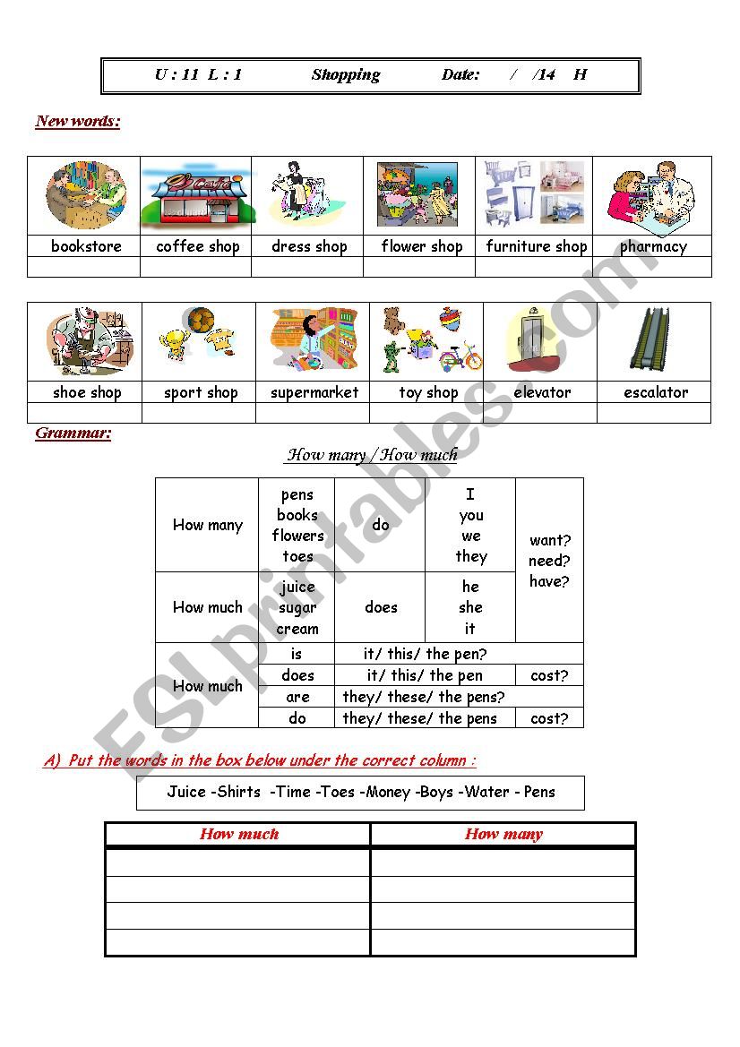 Shopping worksheet