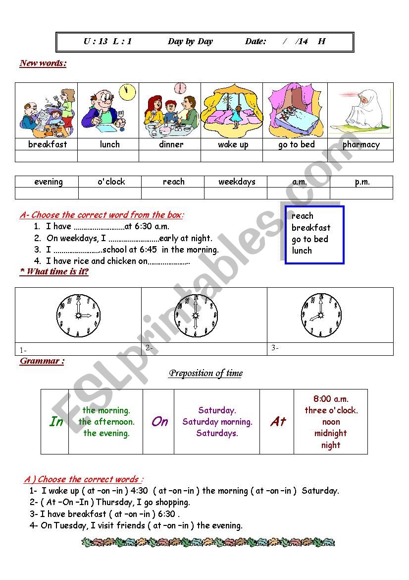 Day by day worksheet