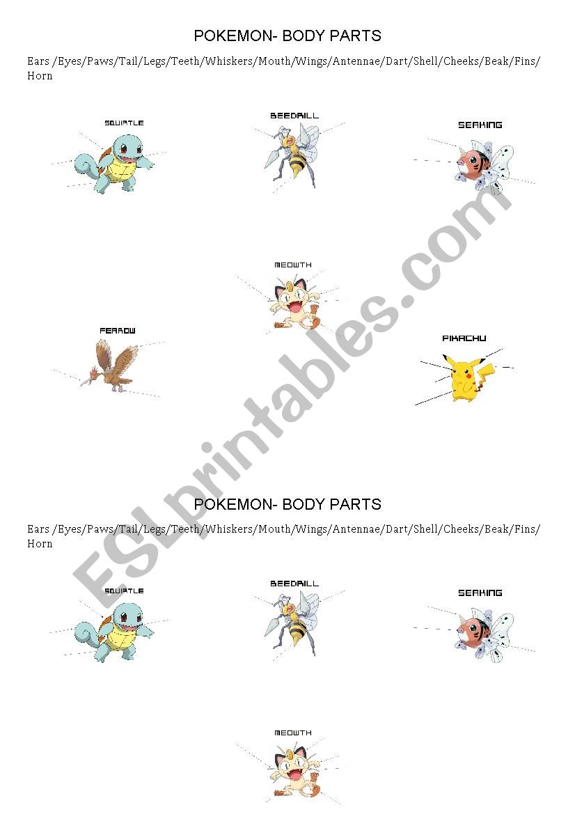 Pokemon Animals body parts worksheet