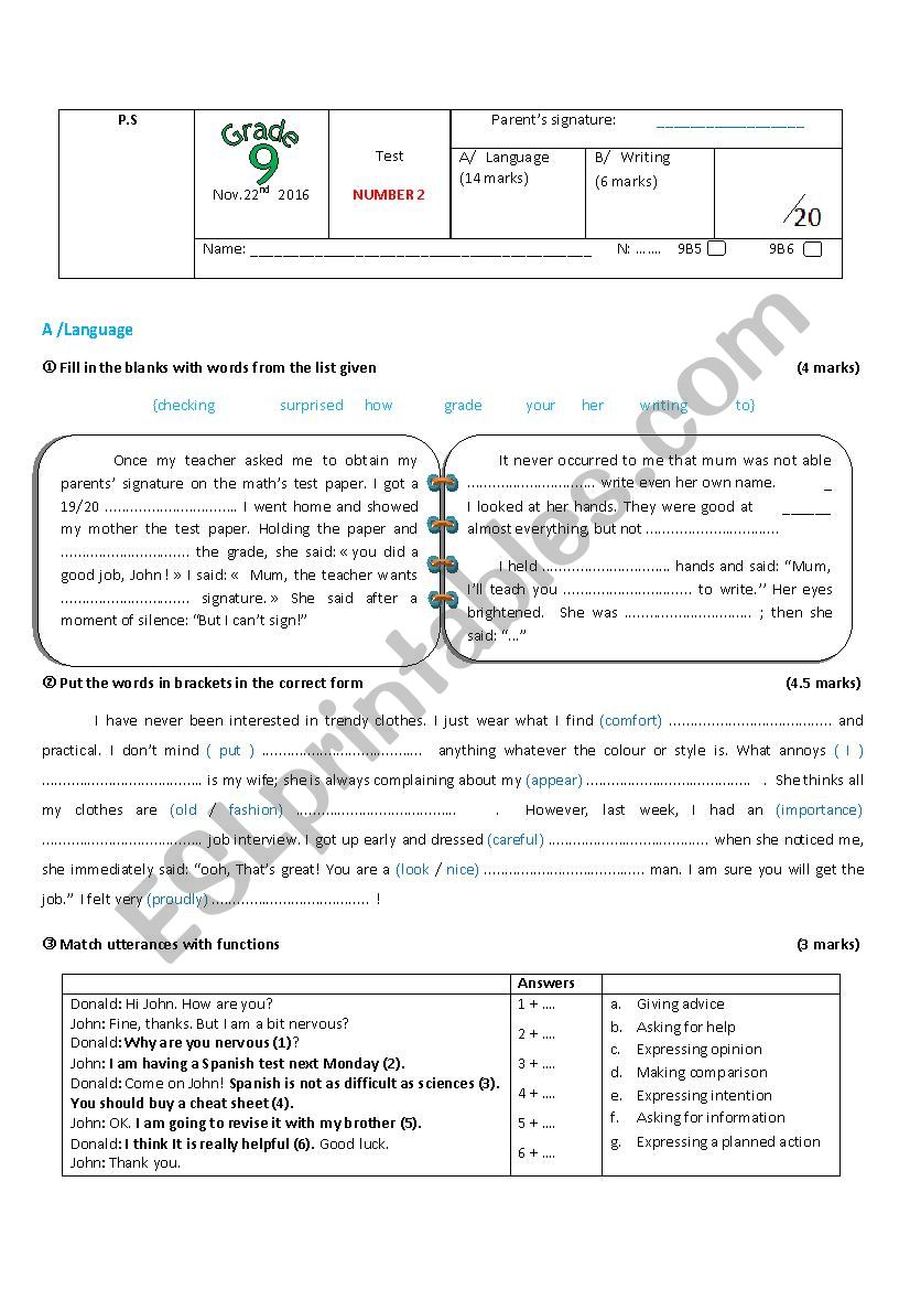 9th form: Test N2  worksheet