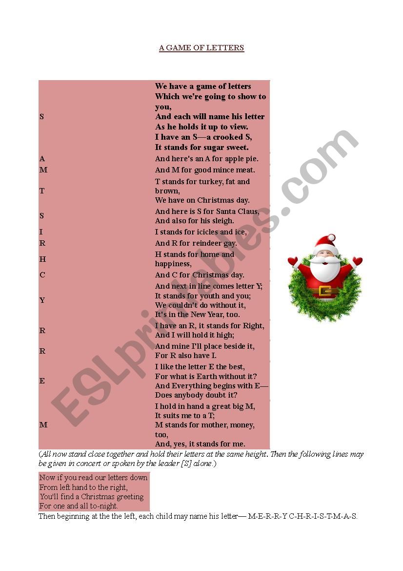 A Game of Letters-Xmas worksheet