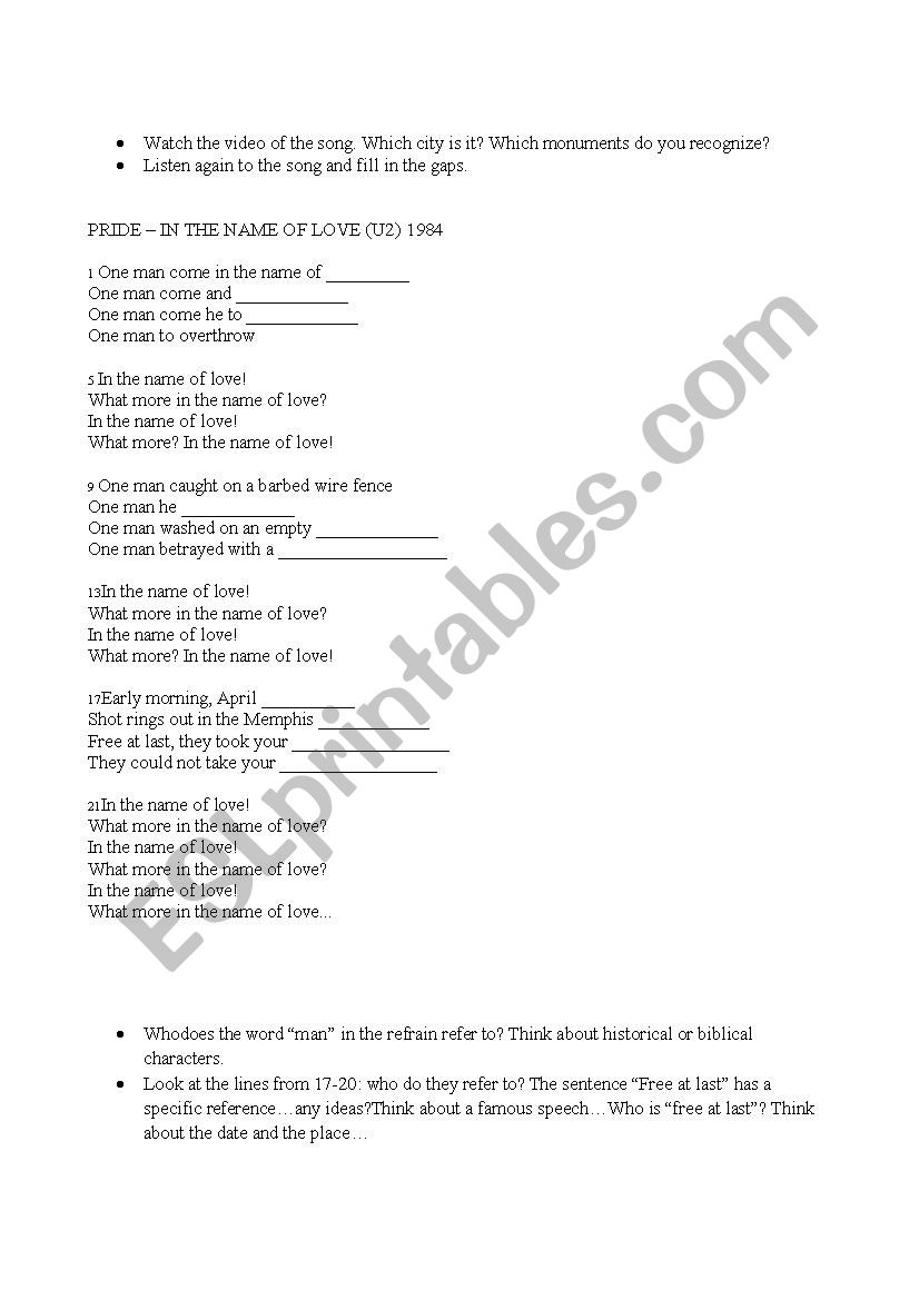 U2 Pride Lyrics And Activity Esl Worksheet By Sara Ongaretto chorus c am one love, one life, fmaj7 c when it's one need, in the night c am one love, we got to share it fmaj7 c it leaves you baby, if you don't care for it. u2 pride lyrics and activity esl