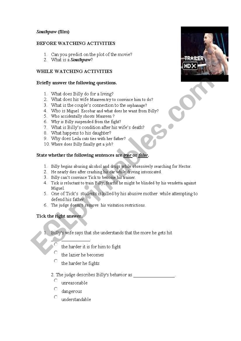 Movie-Southpaw worksheet