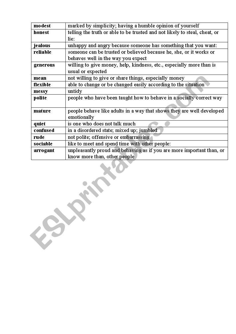 personality adjectives worksheet