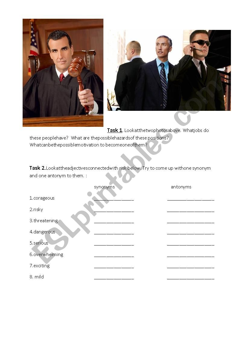 FCE speaking : dangerous jobs worksheet